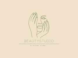 Close-up Beauty Face Of Fashion Girl With Hold Hand Near Mouth Skincare Feminine Line Art Logo Design vector