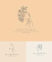 Beauty Face Of Floral Girl With Hold Hand Near Throat Skincare Feminine Line Art Logo Set Illustration vector