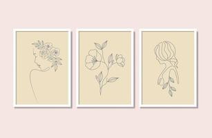 Abstract Natural Beauty Floral Woman And Flower Line Drawing Wall Art Poster Set Drawing vector