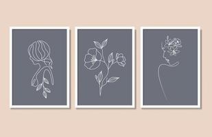 Abstract Set Of Beauty Floral Woman And Flower Line Drawing Wall Art Poster vector