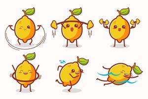 Linda cara de limón kawaii haciendo ejercicio vector