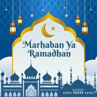 Ramadan greeting concept with illustration of mosque, lantern, moon, stars on islamic background