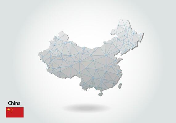 Vector map of china with trendy triangles design in polygonal style on dark background, map shape in modern 3d paper cut art style. layered papercraft cutout design.