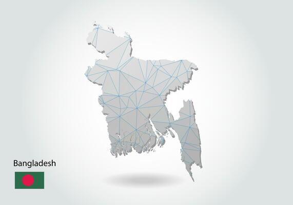 Vector map of bangladesh with trendy triangles design in polygonal style on dark background, map shape in modern 3d paper cut art style. layered papercraft cutout design.