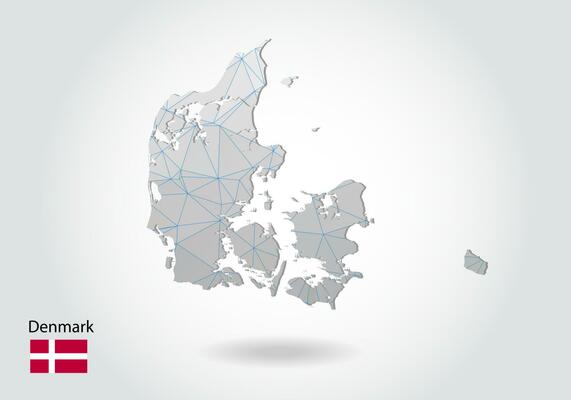 Vector map of denmark with trendy triangles design in polygonal style on dark background, map shape in modern 3d paper cut art style. layered papercraft cutout design.