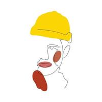 retrato de hombre trabajador de una línea, afiche abstracto con cara mínima de ingeniero. capataz de estilo de dibujo de una línea en casco vector