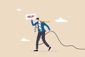 Need help and support to solve problem, desperate or burnout from overworked, request or ask for help concept, frustrated businessman with messy line on himself holding help placard with hopelessness. vector