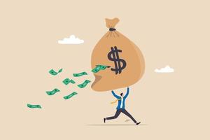 Lose money from investment mistake, tax or expense, mutual fund cost or financial problem, unknown cost drain out money concept, businessman carry big money bag with big hole banknotes falling out. vector