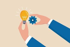 Implement business idea, development process or project implementation, new innovation, optimization or solution concept, businessman hand holding lightbulb idea implementing cogwheel to make it work. vector