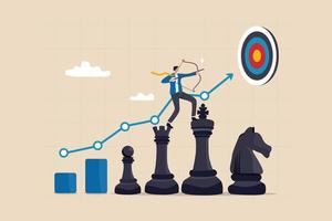 Strategy to win business success, growing to achieve target or strategic growth, challenge or mission, management and planning concept, businessman archery on king chess growth chart aiming at target. vector