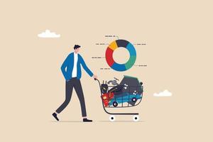 Expense planning, living cost or budget management, debt, bills or credit card payment, personal finance concept, young man with house, car, credit card, education and utilities cost in shopping cart. vector