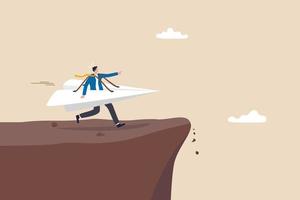 Try new idea start new business, startup risk, entrepreneur or creativity, failure, innovation and courage to win business concept, businessman running with paper origami airplane for first launch. vector