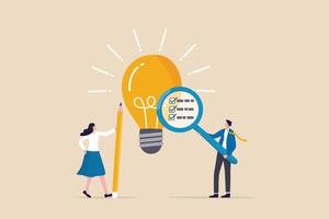 Business viability checking, validate idea by market research to see possibility to success in real world, evaluate profitable of business idea, businessman with magnifier analyze lightbulb idea. vector