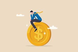 Thinking about money decision, financial planning or investment strategy, profit and loss, expense or tax concept, thoughtful businessman investor thinking about where to invest on dollar coin money. vector