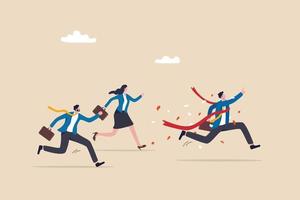 Businessman winning race celebrate victory at finish line, business success or achievement, skill or effort to succeed in work, motivation to win competition concept. vector