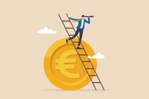 Europe economy forecast or vision, EU financial or economics recession ahead, look to see future concept, businessman investor climb up ladder on Euro money coin look on telescope for clear vision. vector