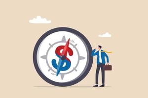 Economic direction or investment trend, financial indicator, inflation or interest rate direction, recession or growth concept, businessman investor looking at compass with dollar sign direction. vector