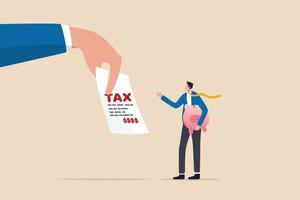 Tax burden or debt to pay for income tax, financial charge and duty to pay for government, accounting or bills, wealth management or savings, businessman holding saving piggybank looking at tax bills. vector