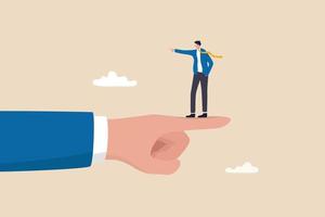Employee conflict direction, argument between coworker, different thought, disagreement or opposite way, decision issue concept, tiny businessman standing on giant hand pointing in opposite direction. vector