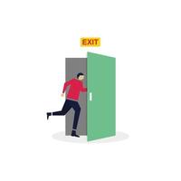 Office worker evacuation route from building flat color vector illustration. Exit line building occupants. People running towards the exit.