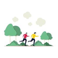 Jogging, running, exercise in the forest, wooden flat vector illustration. Friends, friends jogging together cartoon character design. Outdoors, out of practice. Fitness, strength training.