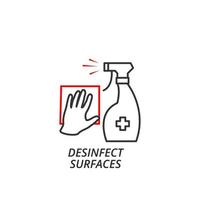 servilleta en mano. pulverización de spray desinfectante antibacteriano. desinfectar superficies icono estilo de línea vectorial vector