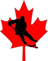 silhouette of a hockey player in the background of a red maple leaf vector