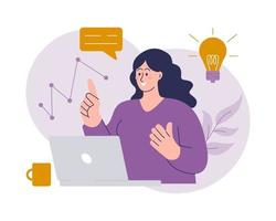 idea de negocio, estrategia de planificación y concepto de solución. una mujer de negocios, trabajando en una laptop, comunicándose con colegas. pensamiento e imaginación, lluvia de ideas, motivación e inspiración vector