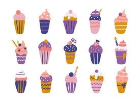 colorido juego de muffins, cupcakes y pasteles de crema para cumpleaños o fiesta. elementos vectoriales para vacaciones en estilo plano dibujado a mano vector