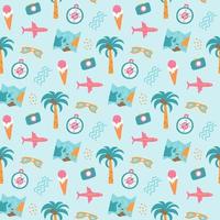 Sea holidays, vacations, vector seamless pattern with decorative elements, palm tree, airplane, map, compass and sunglasses