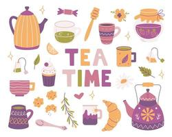 Tea time set of vector elements. Teapots, mugs, sweets in flat style. Breakfast, tea party