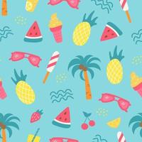 Colorful summer seamless pattern. Vector elements pineapple, palm, watermelon, berries and ice cream on blue background