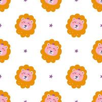 Cute lion face with stars on white background, vector seamless pattern