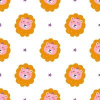 Cute lion face with stars on white background, vector seamless pattern