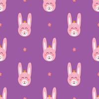 Cute rabbit face on purple background, vector seamless pattern