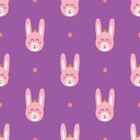 Cute rabbit face on purple background, vector seamless pattern