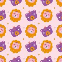 Cute bear and lion faces on pink background, vector seamless pattern