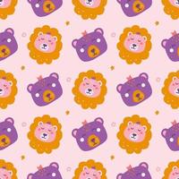 Cute bear and lion faces on pink background, vector seamless pattern