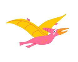 Cute flying dinosaur Pterodactylus, vector flat illustration in hand drawn style on white background