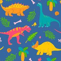 lindos dinosaurios y plantas tropicales, colorido estampado infantil para tela, postales. patrón transparente de vector