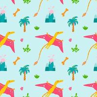 Flying dinosaur Rhamphorhynchus on blue background with palm trees and volcano. Vector seamless pattern, children's print, wallpaper