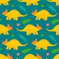 Cute triceratops dinosaur, vector seamless pattern on green background, childrens print for clothes, postcards