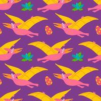 lindo dinosaurio volador pterodactylus con plantas tropicales y huevos, patrón vectorial sin fisuras en el fondo morado, estampado infantil para ropa, postales vector