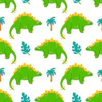 Cute dinosaur stegosaurus with palm trees and monster, vector seamless pattern on white background, childrens print for clothes, postcards