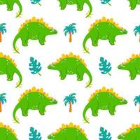 Cute dinosaur stegosaurus with palm trees and monster, vector seamless pattern on white background, childrens print for clothes, postcards