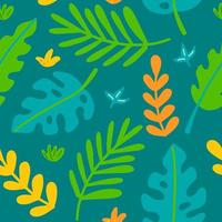 Tropical plants, palm leaves, monsters on green background, vector seamless pattern