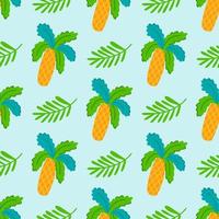 Tropical palm trees and branches on blue background, vector seamless pattern
