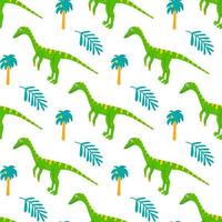 lindo dinosaurio compsognathus con plantas tropicales, patrón vectorial sin costuras sobre fondo blanco, estampado infantil para ropa, postales vector