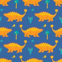 Cute ankylosaurus dinosaur, vector seamless pattern on blue background, childrens print for clothes, postcards