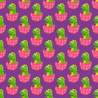 Cute funny dinosaur hatched from an egg, vector seamless pattern on purple background, childrens print for clothes, postcards